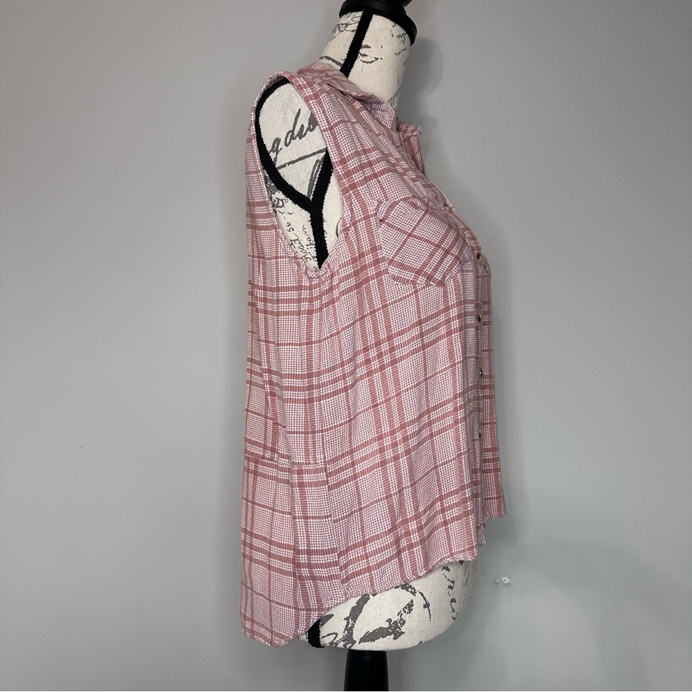 Sim & Sam | Pink Plaid Sleeveless Button-Up Top Shirt | Size L - Picture 2 of 8